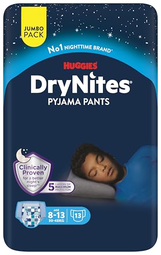 Huggies DryNites Pañales para niño 8-15 (27-57 kg), Clínicamente probado con 5 capas de máxima protección nocturna, 4 packs de 13, Total 52 pañales desechables de noche