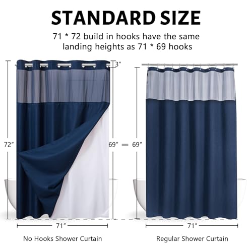 Image of Furlinic Waffle Weave No Hook Shower Curtain with Snap in Fabric Liner Set,Heavy Duty Textured Bathroom Curtain with See Through Window,Waterproof & Machine Washable,Navy Blue,71x72 Inch