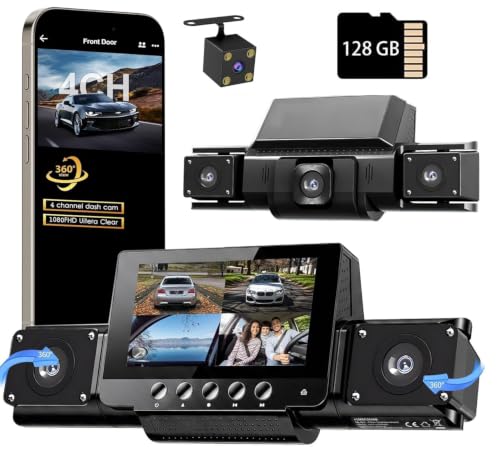 Image of 4 Channel Dash Cam Front and Rear with 360 View for All-Round Protection, 4-Way Recording, Built-in 5G WiFi & GPS, APP Control, 8 IR LEDs, 24H Parking Monitor, G-Sensor, Free TF Card (128GB)