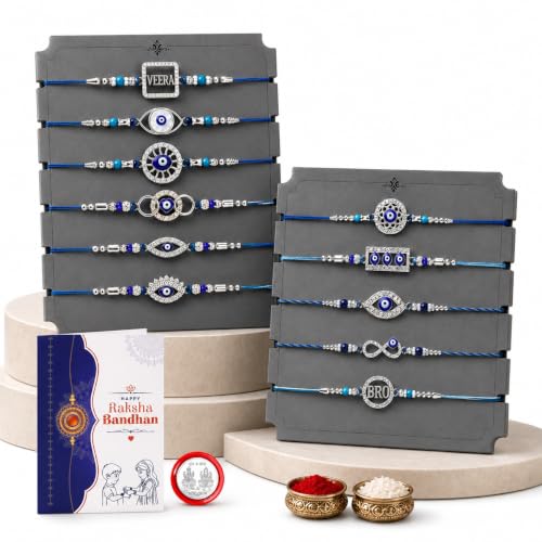 Image of Oblivion Bulk 12 Rakhi Combo for Bhaiya and Cousins with Roli Tikka, Silver Color Pooja Coin & Greeting Card | Assorted Multicolor Handmade Beaded Threads, Rakshabandhan Festive Gift, Pack of 15
