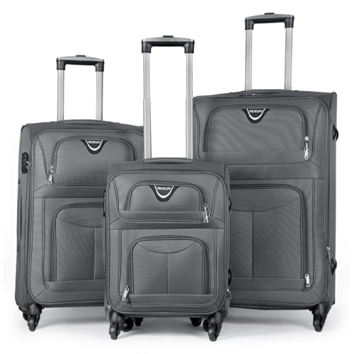 MERCURY TEXTIL   Juego de Maletas 3pcs de Tela con 4 Ruedas Giratorias 360°, Expandible (Cabina, Mediana y Grande), con Cierre de Seguridad   Ideal para Viajes y Vacaciones (Gris)