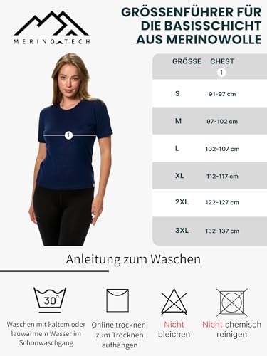 Merino.tech 100% Merino T Shirt Damen - Merinowolle Sport Wandern Thermoshirt Damen + Wandersocken (XX-Large, Deep Blue Crewneck)