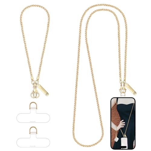 Derraffina Metal Phone Chain, Crossbody Detachable Phone Lanyard with 1*Wrist Strap & 2* Tether Tabs for iPhone and Smartphones (Gold,Extend)