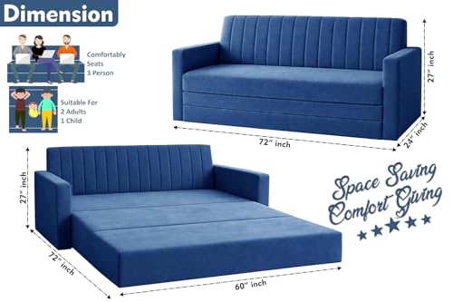 Image of Rosebell 3 Seater Foldable Sofa-Cums-Bed | Three-in-1 Convertible Couch with Armrest | Modern Fabric Sofa for Living Room, Bedroom & Office-Blue