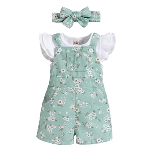 UUAISSO Conjuntos bebé Niña Tops Sin Mangas Acanalados Pantalones Cortos con Tirantes y Bolsillos Flores Ropa Para Niña Recién Nacida Verde 18 24 meses