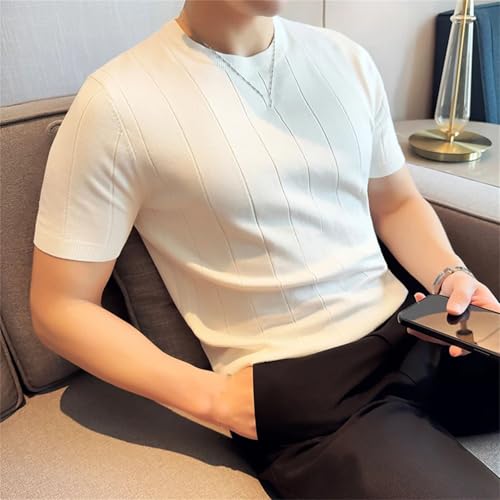 Men's Short-Sleeved O-Neck Sweater Stretchable Striped Top Men's Short Sleeve Crew Neck Sweater3