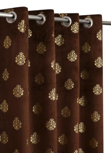 Image of KALIYO Brown Velvet Room Darkening Curtain with Gold Foil Floral Print | Eyelet Window Curtain | Soft Luxury Fabric | 7 Ft | Pack of 2