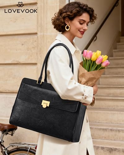 Image of LOVEVOOK Laptop Tote Bag for Women, PU Leather Work Bag, Teacher Tote | with Large Cup Holder, Waterproof Vintage Briefcase for Business Travel & Commute, Magnetic Snap, Padded Laptop Pocket