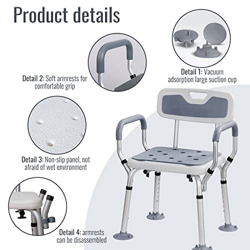 Shower Chair Stool, Adjustable Bath Chair Tool-Free Assembly Tub Shower Bench With Padded Arms, Shower Chair For Inside Shower Seat, Supports Up To 330 Lbs, Seniors, Handicap, Disabled (Gray) #TOP3