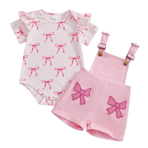 MAINESAKA Baby Girl Overall Clothes Bow Print Short Sleeve Ruffle Romper Suspender Shorts Set Cute Infant Summer Outfit (Pink, 9-12 Months)