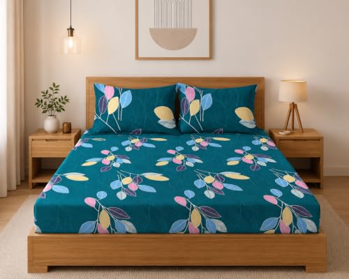 Image of LOOMLYFE 300 TC Cotton Double Bedsheet with 2 Pillow Covers | 90x100 Inches King Size Bed Sheet | Soft, Breathable & Fade Resistant Bedding Set - GreenLeaves
