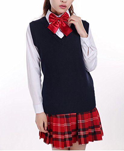 Image of Men Women Knitted Cotton V-Neck Vest JK Uniform Pullover Sleeveless Sweater School Cardigan