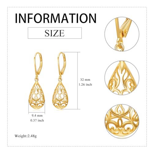 KECHO 14K Solid Yellow Gold Filigree Earrings Teardrop Drop Dangle Leverback Dangling Earrings Jewelry Gift for Women4