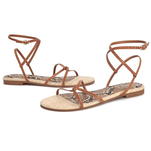 Image of Women's Flat Sandals Strappy Open Round Toe Lace Up Shoes with Adjustable Ankle Strap for Summer