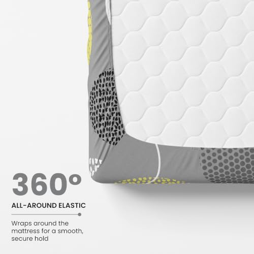 Image of LORETO - A QUALITY LINEN BRAND 144 TC 100% Pure Cotton Single Fitted Bedsheet with 1 Pillow Cover for 72 x 36 Inch Mattress, All-Around Elastic, 8 Inch Deep Pocket, Grey & Yellow Geometric