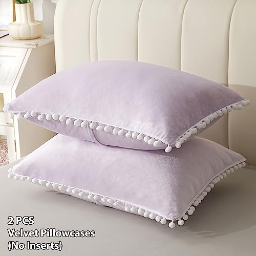 Liferevo BED PILLOW PILLOWCASES Pom Poms Soft Velvet Pillow Cases Set Of 2, Decorative Fringe Fuzzy Throw Pillow Shams, Bed Pillowcases Pillow Covers With Zipper For Kids Girls Teen Women Adults thumb #1