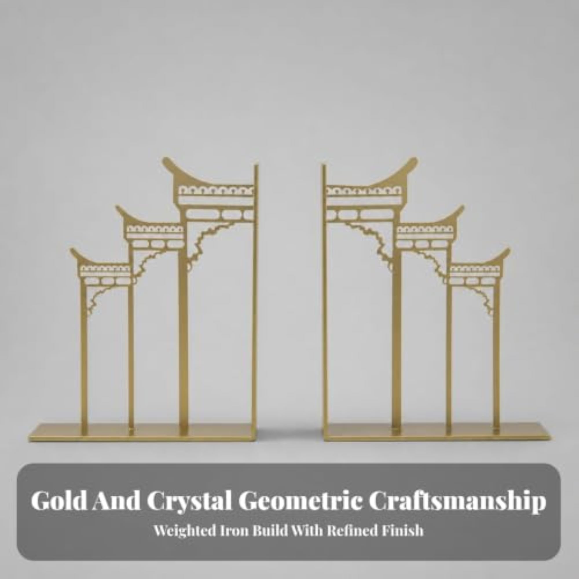 Sturdy Metal Bookends, Gold-Tone Geometric Design