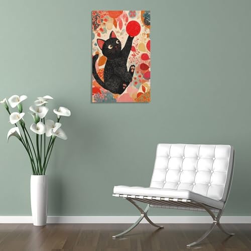 Décoration murale chat joueur avec balle rouge - Affiche moderne chambre et salle de bain - 4