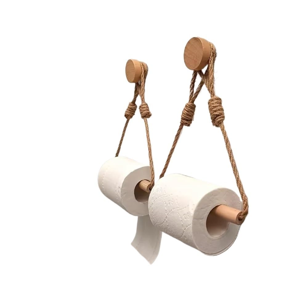 Aimanqi 2Pcs 1Pc Wall-Mounted Rustic Hemp Rope And Wooden Stick Toilet Paper Holder Decorative Bathroom Tissue Dispenser Toilet Paper Storage(2Pcs)