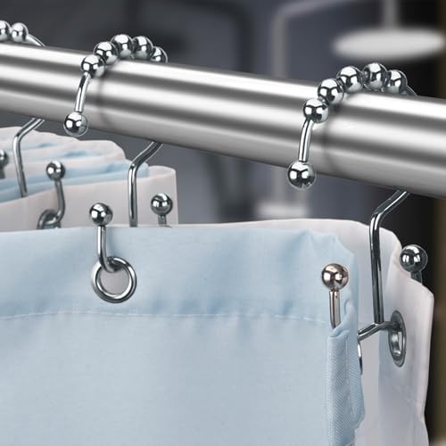 Titanker Double Shower Curtain Hooks, Rust Proof Shower Curtain Rings, Metal Shower Hooks for Bathroom Shower Rods Curtains, Set of 12 Hooks - Chrome