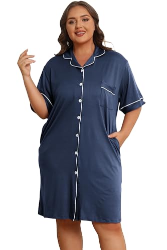 Image of Vozanet Women Button Down Nightgown Plus Size Nursing Nightshirt Boyfriend Nighty Bridal Sleepdress with Pockets XL-5XL