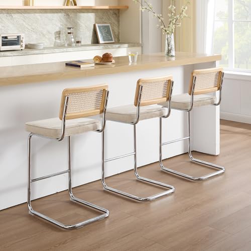 Image of Zesthouse Rattan Counter Stools Set of 3, 26'' Mid Century Modern Bar Stool, Linen Fabric Counter Height Barstool with Solid Wood Back & Natural Cane Mesh, Boho Cantilever Island Chair Beige Yellowish