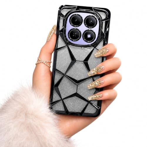 Image of VONZEE Gradient Glitter Case for Redmi Note 15, Luxury Electroplated 3D Cube, Diamond Bling Shiny Soft TPU Clear Shockproof Women Girls Protective Phone Cover (Black)