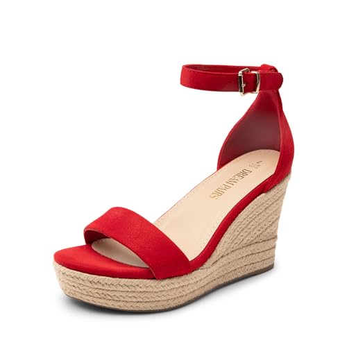 DREAM PAIRS Women's Platform Wedges Sandals, Comfortable Open Toe Espadrilles Sandals Dressy Buckle Ankle Strap Summer Shoes 6 Red-suede