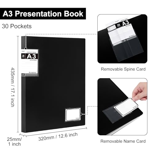 Srvnpioy A3 Sichtbuch 30 Taschen (Schwarz, 2 Stück) A3 Kunststoff Portfoliobuch Präsentationsbuch mit 30 Klarsichthüllen für Berichtsblätter, Portfolios, Gemälde, Fotos, Kunstwerke, Zeichnungen