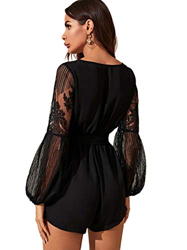 Shein Women's V-Neck Bishop Long Sleeve Jumpsuit Lace Trim Belted Wrap Romper Plain Black X-Small #TOP1