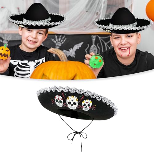 Kids Mexico Roll Brims DiaDe Muertos Hat for Sun Protections and Comfort Great for Beach Vacation and Theme Parties Black, Black, 13x39cm, Black, 13x39cm2