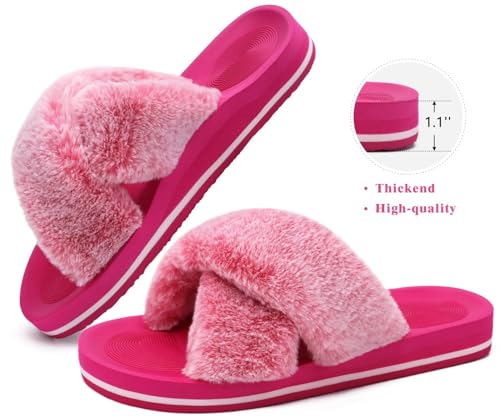 Image of COFACE Womens Fuzzy Slides Fluff Faux Fur Cross Slippers Open Toe Yoga Mat House Slipper Sandals With Arch Support For Indoor /Outdoor