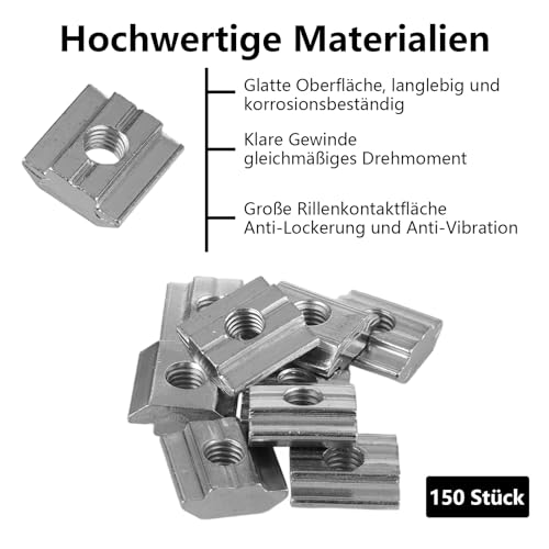 150 Stück Nutensteine m6 Edelstahl Schwer Nut 8 M6 Nutsteine m6 Nut 8 Edelstahl T Nut Mutter Gleitmuttern m6 Nutensteine Gewinde Standard 30-Serie M6 Hammerkopfschrauben m6 für Aluminiumprofilzubehör
