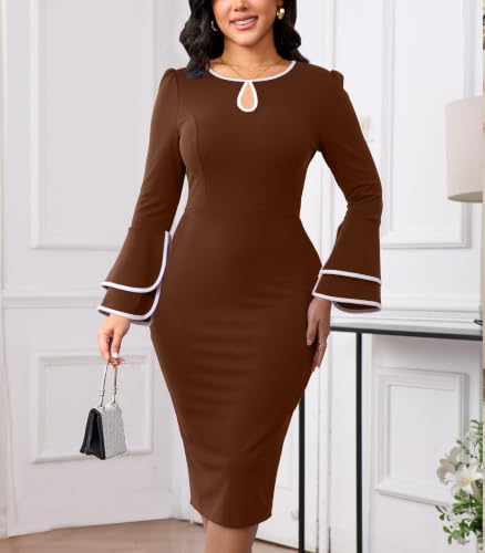 Image of ZonJie Church Dresses for Women Bell Sleeves Business Wear to Work Cocktail Party Pencil Casual Dress