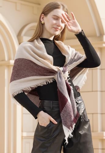 Wander Agio Womens Warm Scarf Triangle Shawls Large Scarves Stripe Plaid Fichu Big Beige Khaki 22