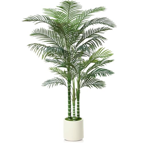 Image of OAKRED Artificial Palm Tree, 6FT Fake Tree for Indoor,Faux Golden Cane Palm Tree with White Planter and Fake Moss, Fake Tropical Plant for Home Decor Office Porch