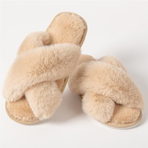 Image of Women's Cross Band Fuzzy Slippers Fluffy Open Toe House Slippers