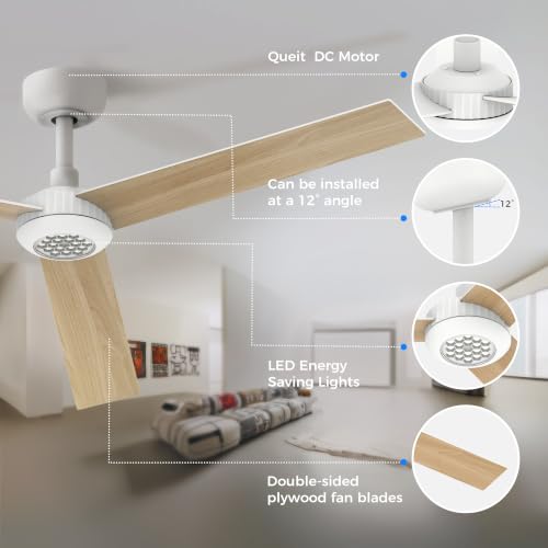 Image of TALOYA 52 inch Ceiling Fan,White Finish,6-Speed,Dimmable,Noiseless,Reversible DC Motor,3 blades
