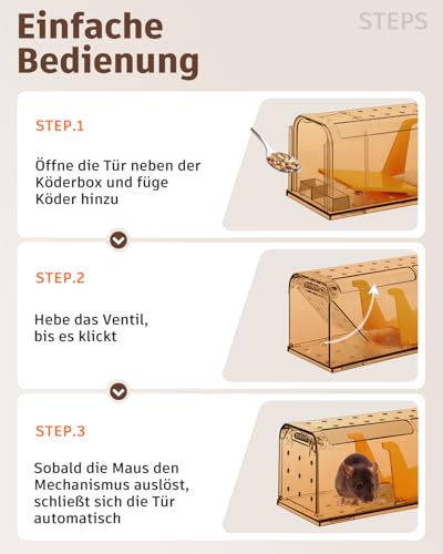 KENNEAS Mausefalle Lebend 2er Pack, Lebendfalle Maus, Wiederverwendbar, Tierfreundliche, Hochsensitive Quick Release, Kontakt mit Mäusen vermeiden - Gartenzubehör(2, Braun)