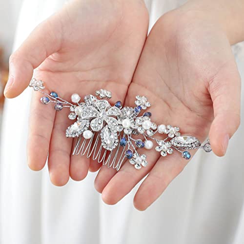 Evild Flower Birdal Hair Comb Silver Rhinestone Side Comb Headpieces Blue Crystal Wedding Hair Accessories For Women #TOP4