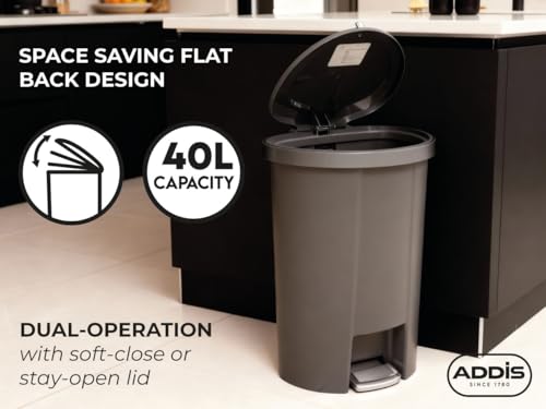 Addis Mode 50 Litre Kitchen Pedal Bin – Semi-Round Design with Soft-Close or Stay-Open Lid – Large Family Waste Bin – Black - Image 2