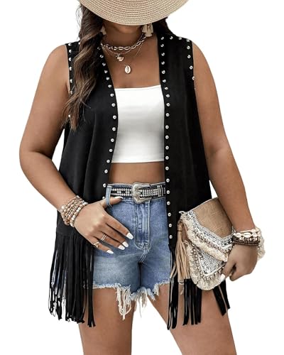Women Tassel Vest 70s Hippie Faux Suede Rivets Sleeveless Fringe Waistcoat Open Front Boho Western Jacket Cardigan (D-Black, XXXL)