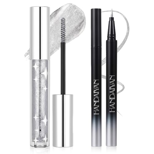 Juego de máscara y delineador de ojos plateados, longitud y volumen, delineador de ojos brillante, purpurina metálica, resistente al agua y a las manchas, maquillaje de ojos altamente pigmentado para