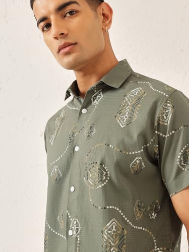 Image of Majestic Man Men's Slim Fit Pure Cotton Printed Casual Shirt - Short Sleeve | Premium Breathable Fabric | Modern Geometric Design