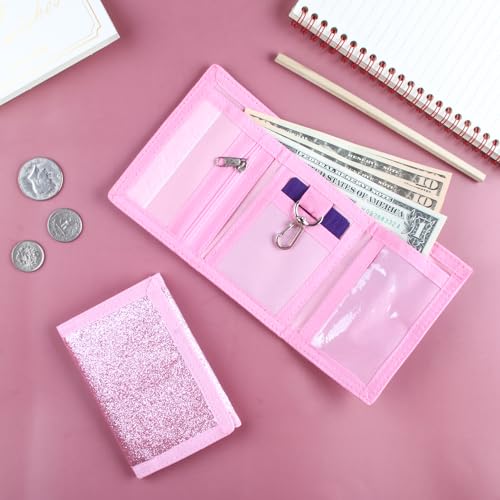 Image of Kids Wallet for Boys Girls Teens Trifold, Canvas Toddler Wallet for Boys, Cute Zipper Wallets Youth with Coin Pocket Card Holders, Novelty Wallets for Childrens Birthday Gifts, Glitter Pink