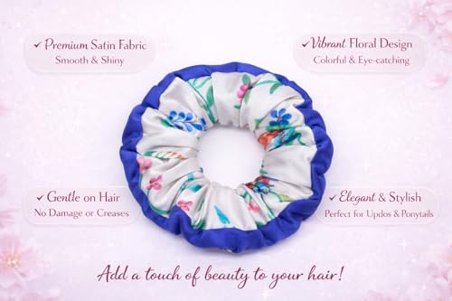 Image of Satin Scrunchies Hair Bands for Women | No-Damage Elastic Hair Ties for Ponytails & Buns | Fluffy & Stylish Rubber Bands | Extra Large Size | Pack of 1 (Floral Print Blue)