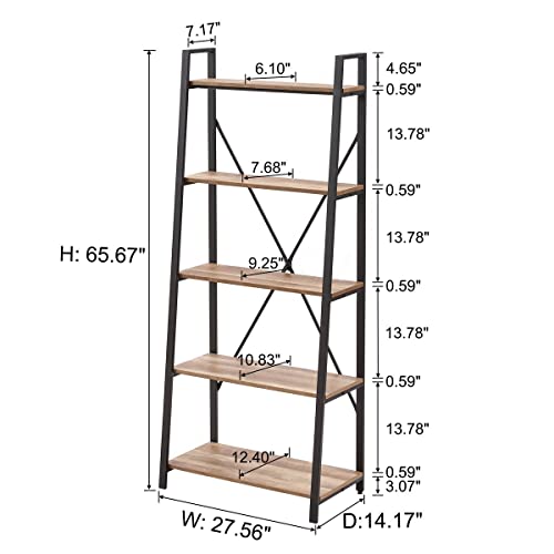 Bon Augure Rustic Ladder Bookshelf Bookcase, Industrial 5 Tier Ladder Shelf Shelving Unit, Wood And Metal Leaning Shelves For Living Room (Vintage Oak) #TOP1