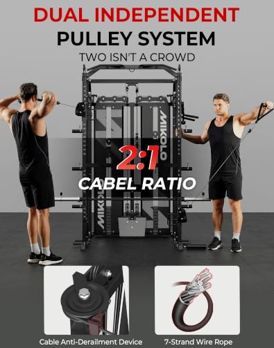 Image of Mikolo Smith Machine with Weight Stack, Power Cage Home Gym System with LAT Pulldown & Cable Crossover, Multi-Functional Trainer with Dual Pulley System, Includes 10+ Free Attachments