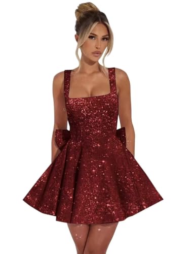 ROSE IN THE BOX Sparkly Sequin Homecoming Dresses with Bow Short Prom Dress for Teens Women Square Neck Cocktail Party Gown Burgundy US4