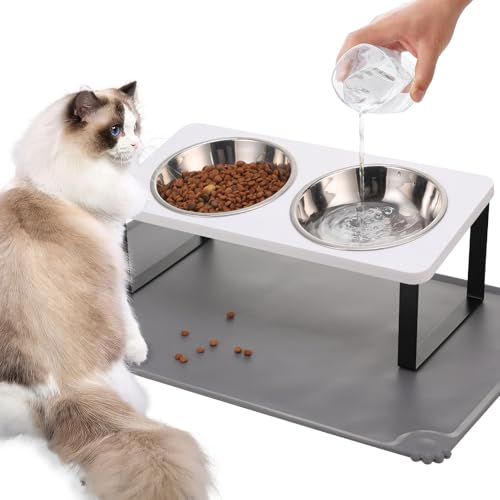 Upgraded Elevated Cat Bowls with Food Mat,15°Tilted Stand Anti Vo...
